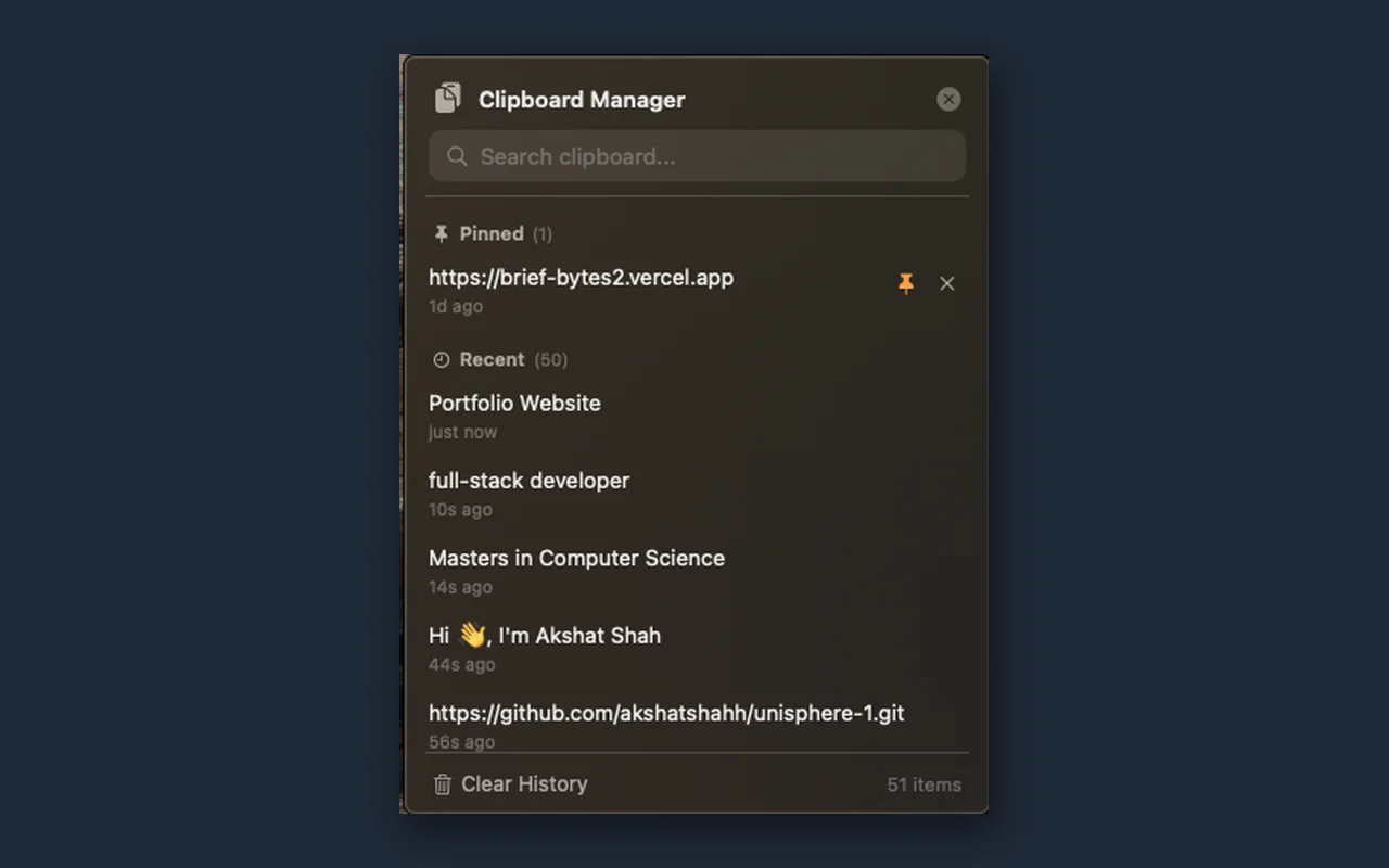 Screenshot of Clipboard Manager for macOS