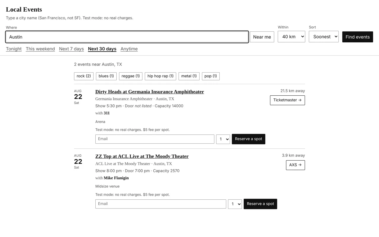 Screenshot of Local Events